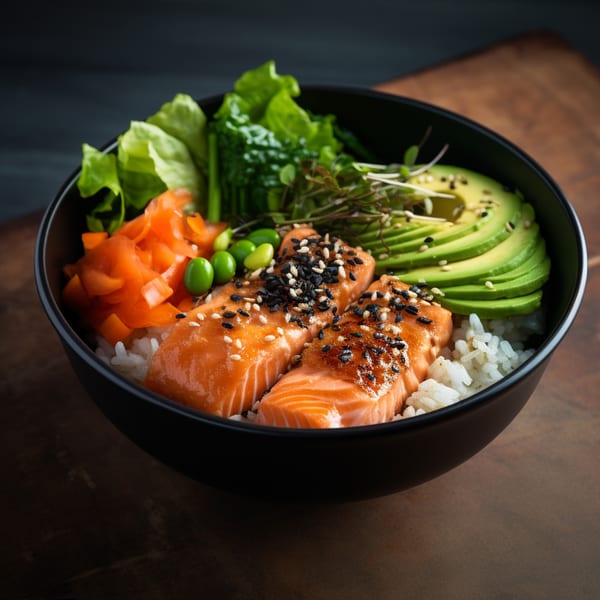 A vibrant salmon poke bowl with rice, avocado, edamame, pickled ginger, and greens.